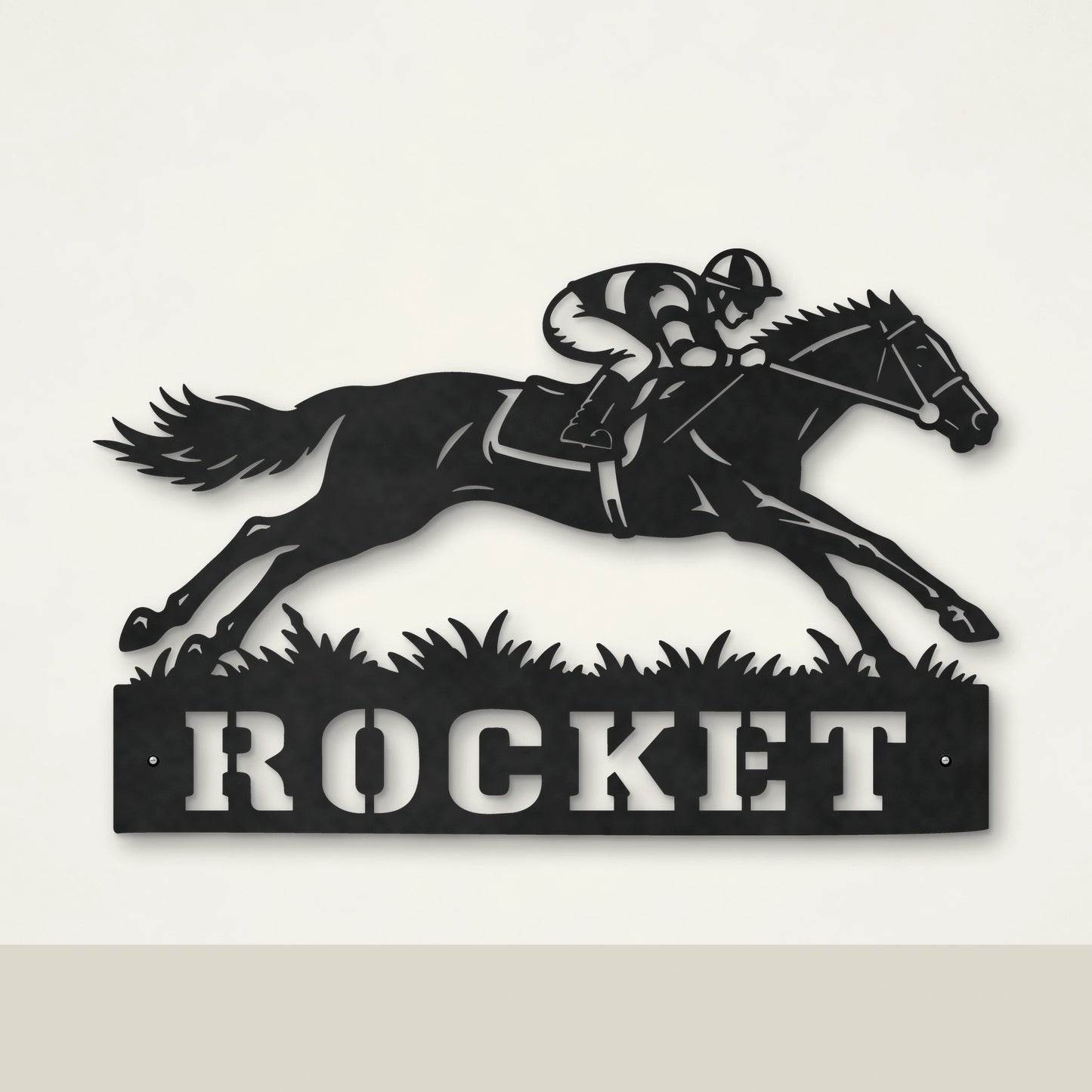 Racing Horse personalised racehorse wall art in matte black powder-coated steel – Huge size