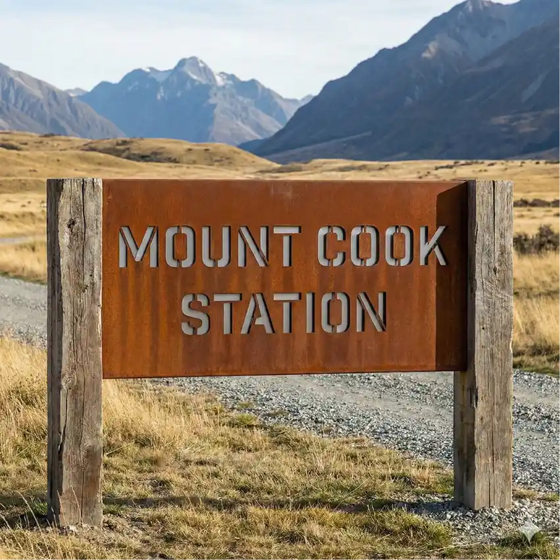 Stainless-backed Corten farm sign
