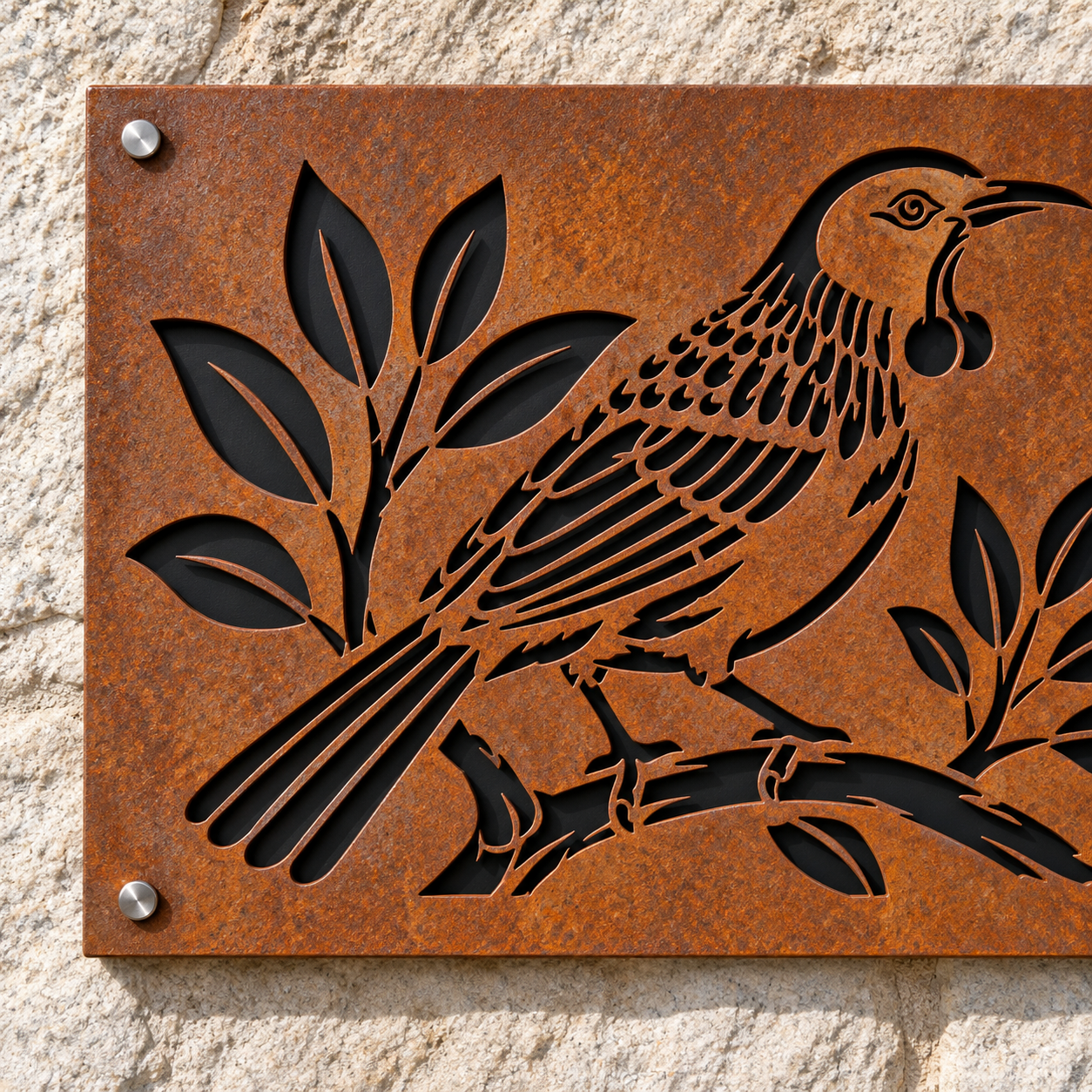 Close-up of the Tui House Number Corten front, exact tūī cutouts and matte black powder-coated backing.
