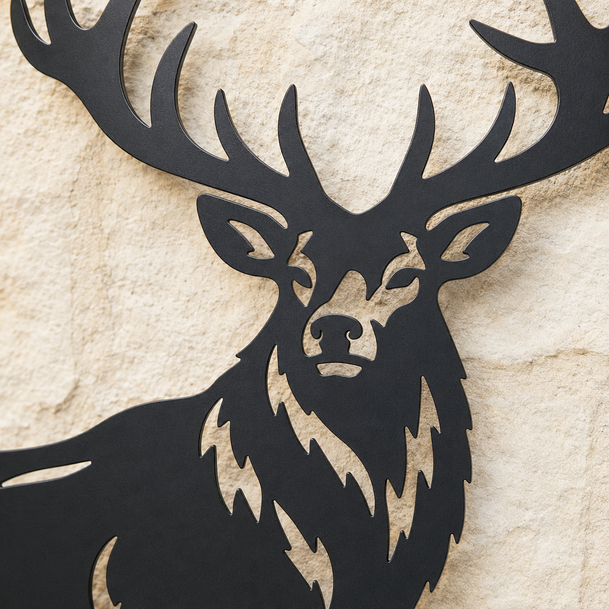Close-up of the Red Stag design and matte black powder-coated finish