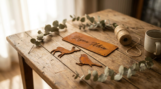 Personalised Corten steel gift pieces arranged on a timber table