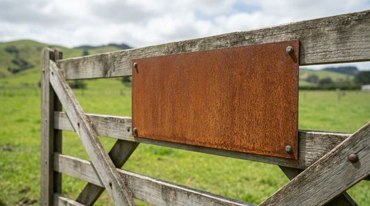 A weathered rusted Corten steel sign on a rural New Zealand farm gate