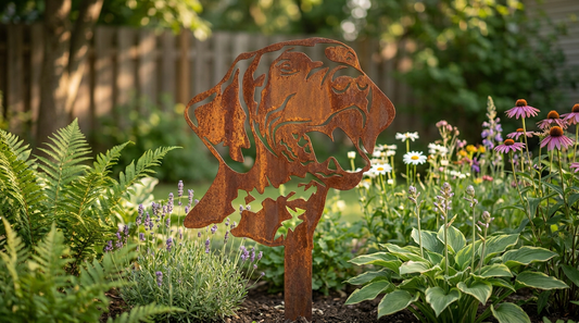 A rusted Corten steel dog silhouette memorial in a peaceful garden