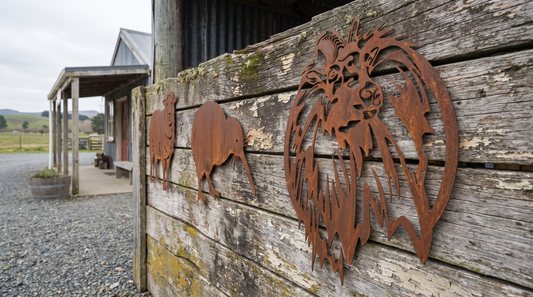 Rusted corten steel animal art pieces displayed on a timber wall outside a New Zealand rural store