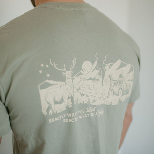 Green t-shirt with a graphic design on the back, featuring a deer and text.