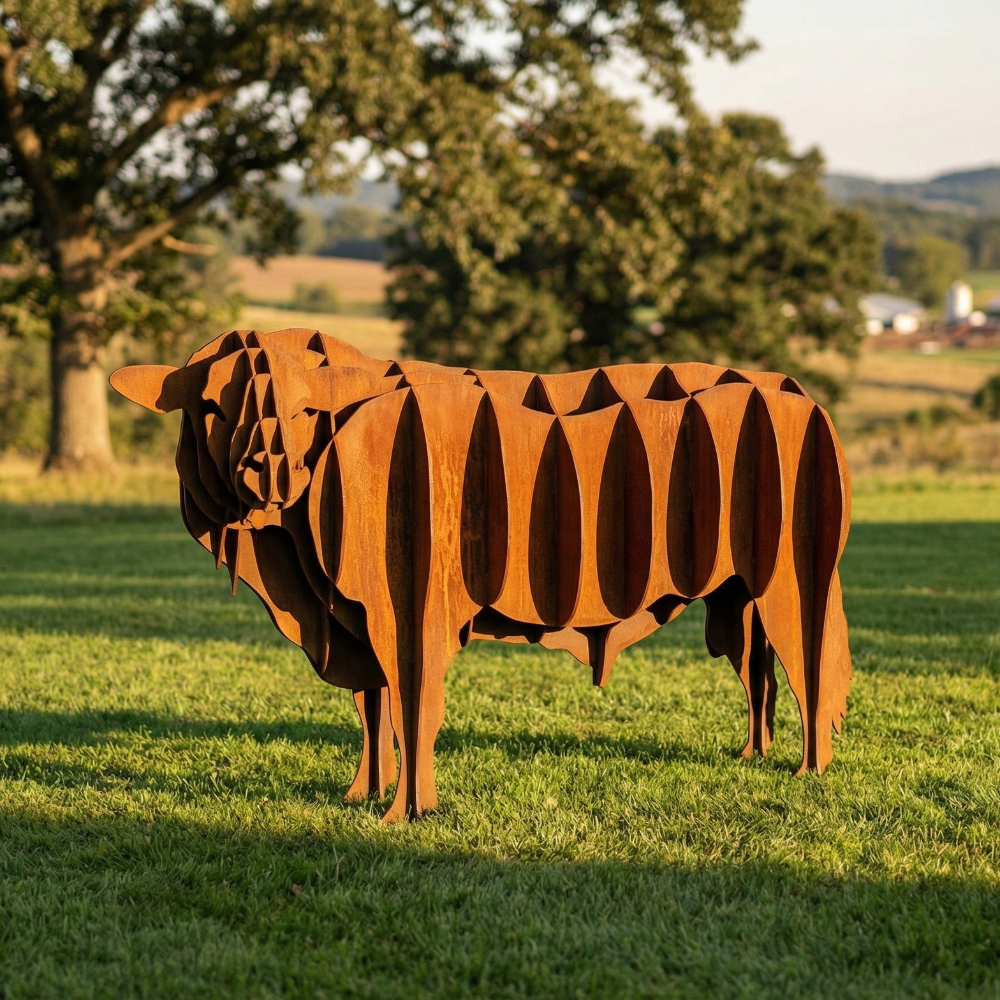 Metal cow sculpture in a grassy field with trees and distant buildings.