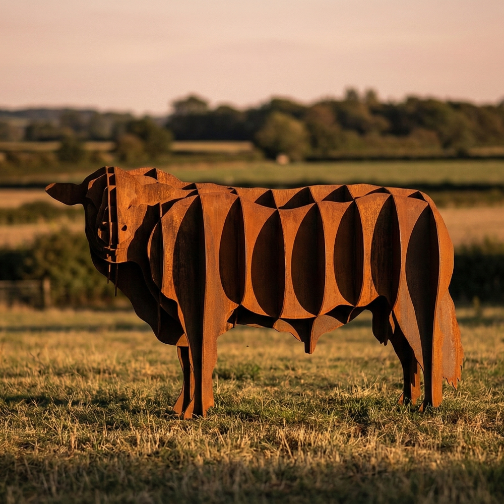 Metallic cow sculpture in a field with a sunset or sunrise background