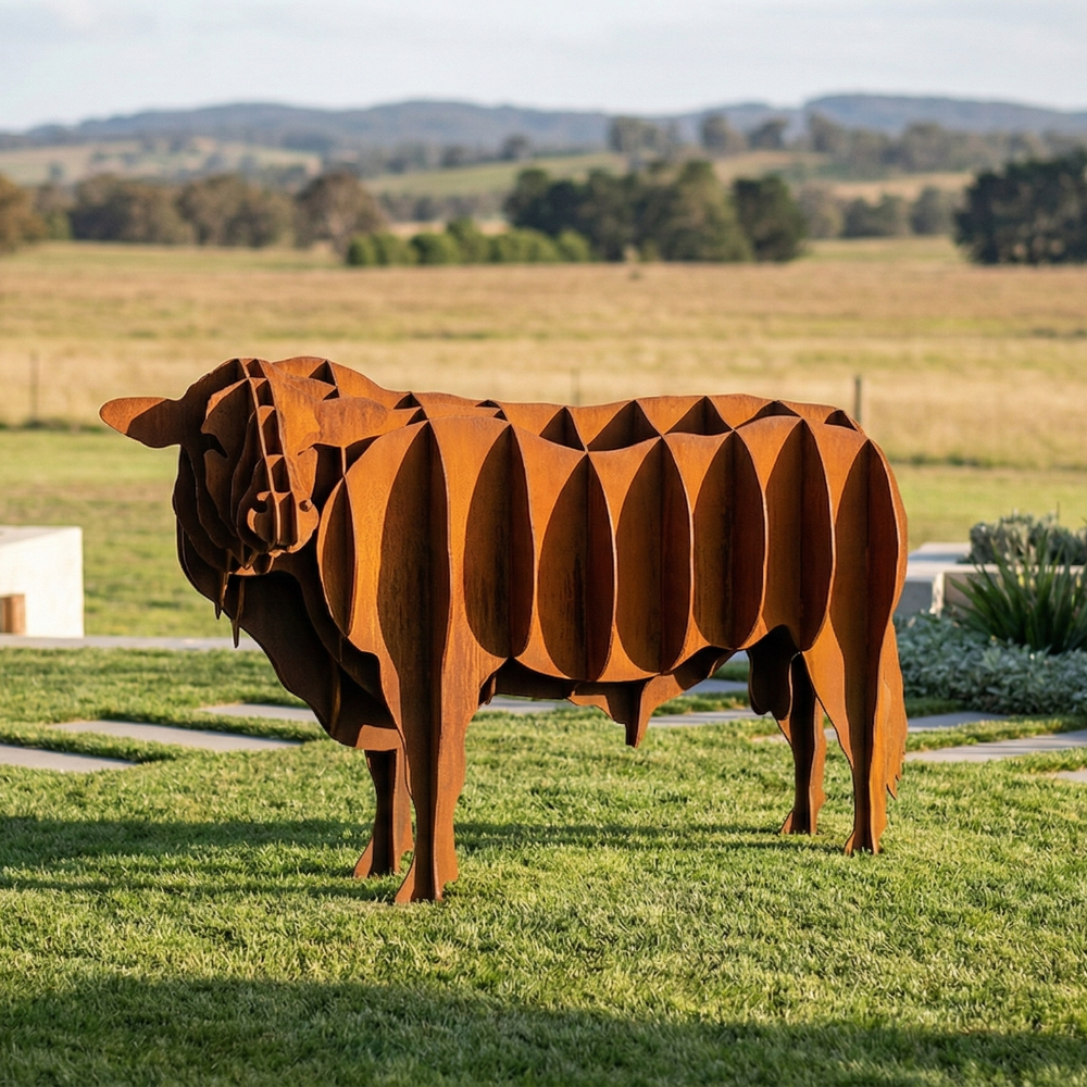 Metallic cow sculpture on a grassy field with trees and hills in the background