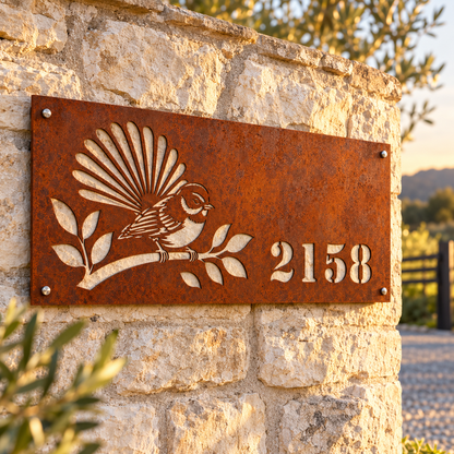 Fantail House Number in Corten steel, without backing – lifestyle 2