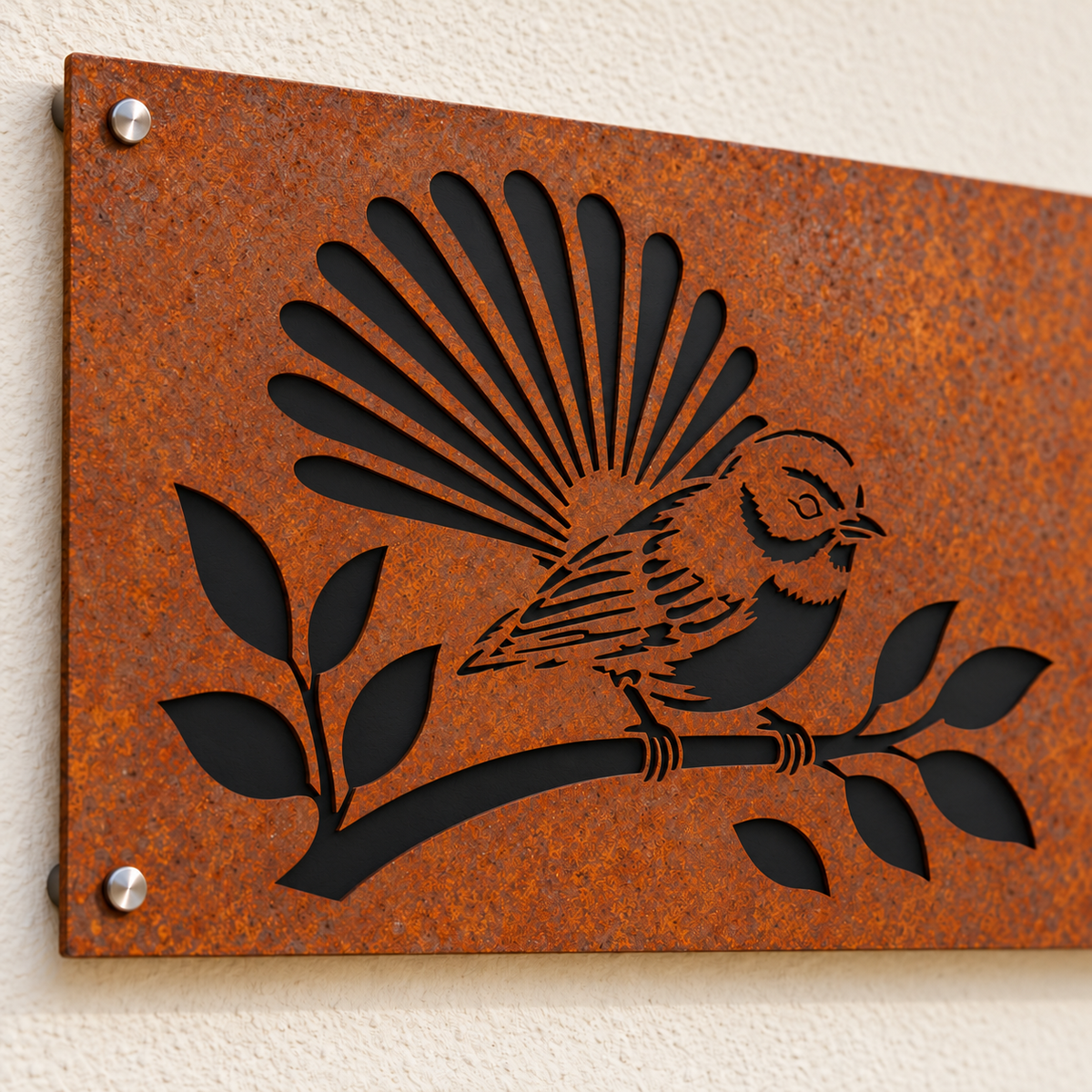 Fantail House Number in Corten steel, with matte black backing – detail