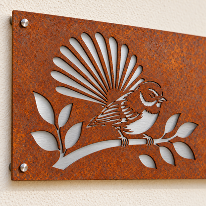 Fantail House Number in Corten steel, with stainless steel backing – detail
