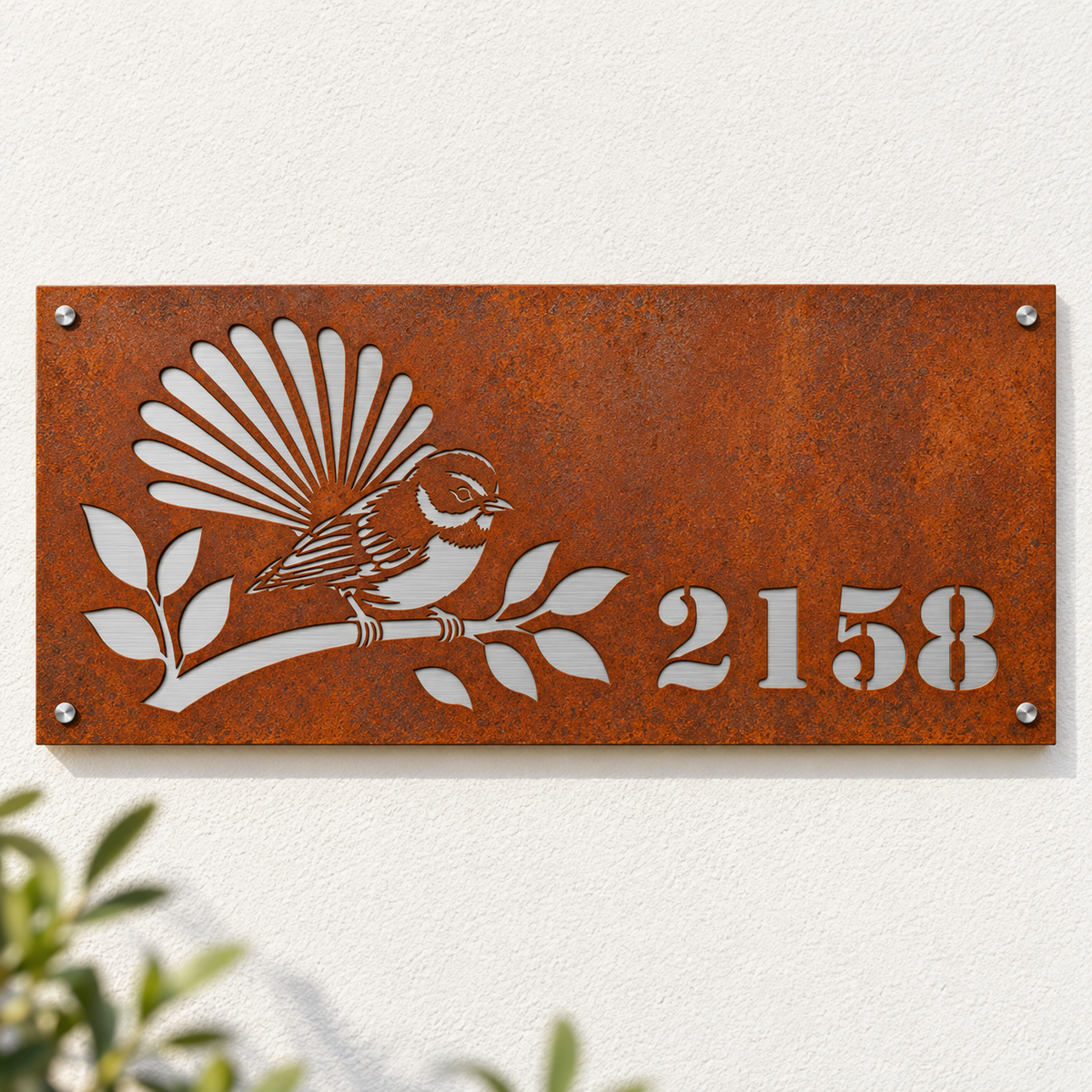 Fantail House Number in Corten steel, with stainless steel backing – hero