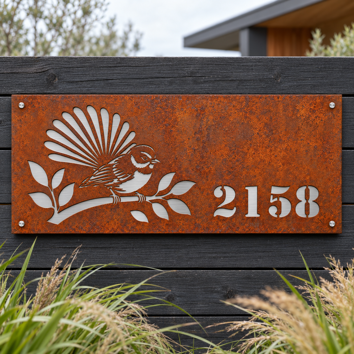 Fantail House Number in Corten steel, with stainless steel backing – lifestyle 1