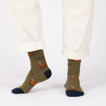Save the Green Highland Cow Bamboo Socks - Rusty Deer