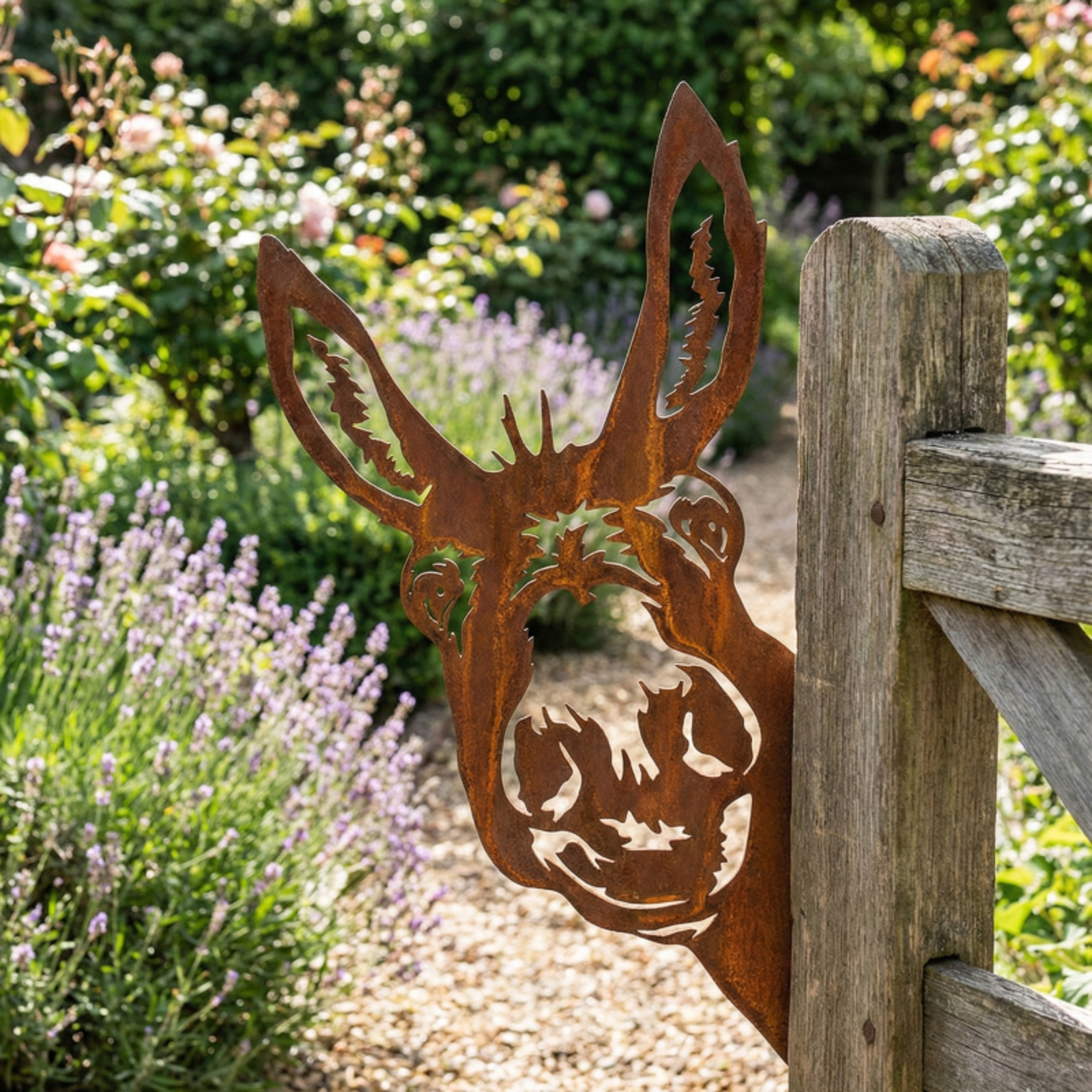Metal deer head sculpture on a wooden post with a garden background