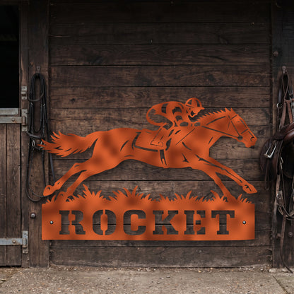 Racing Horse personalised Corten steel wall art mounted at a thoroughbred racing stable