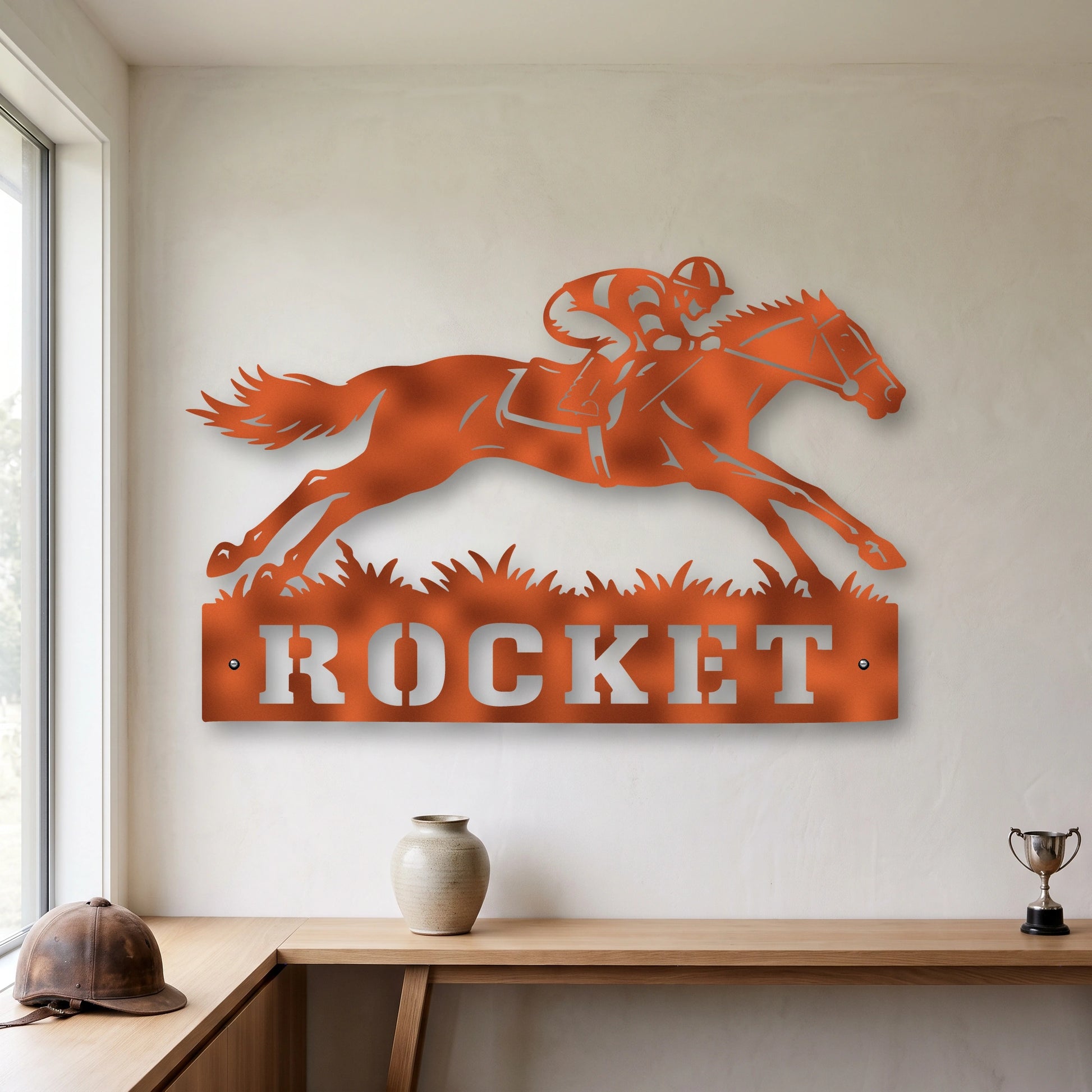 Racing Horse personalised Corten steel racehorse wall art in a modern country home