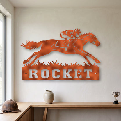 Racing Horse personalised Corten steel racehorse wall art in a modern country home