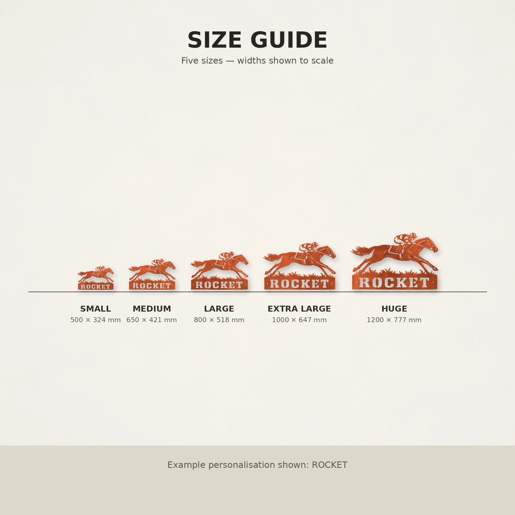 Racing Horse personalised steel wall art size guide from Small to Huge