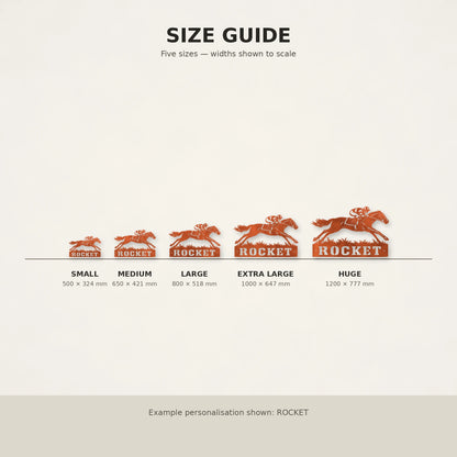 Racing Horse personalised steel wall art size guide from Small to Huge