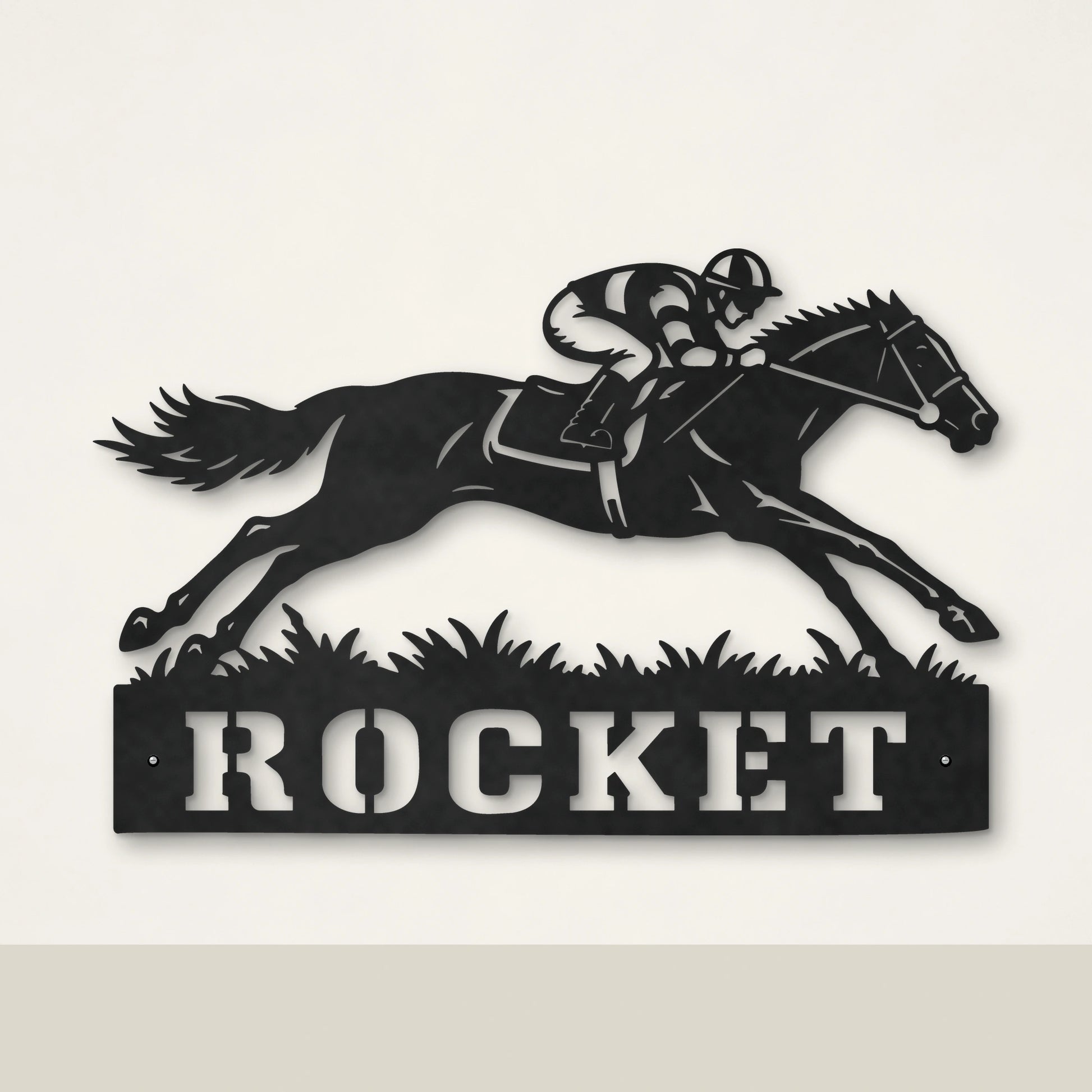 Racing Horse personalised racehorse wall art in matte black powder-coated steel – Huge size