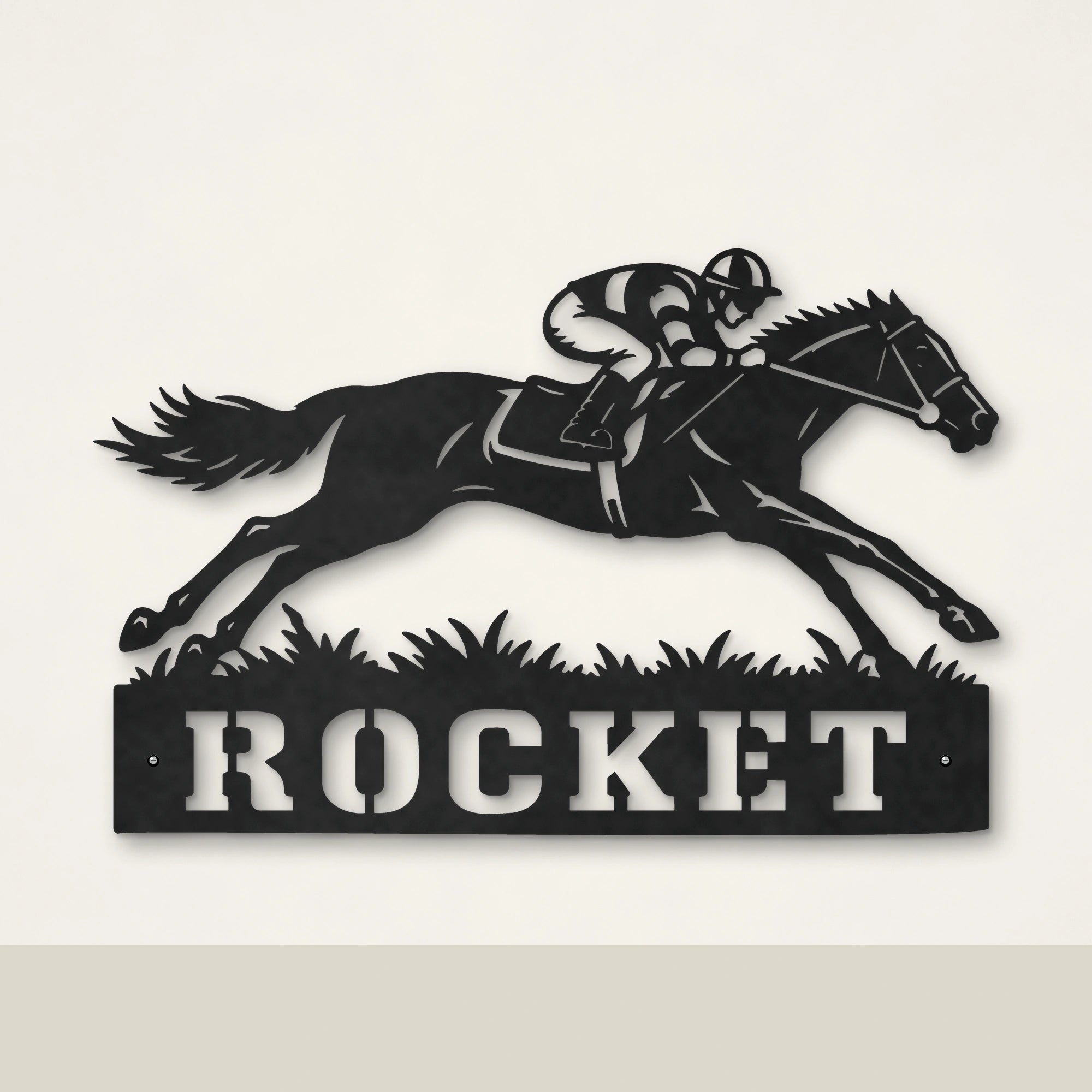 Racing Horse personalised racehorse wall art in matte black powder-coated steel – Huge size