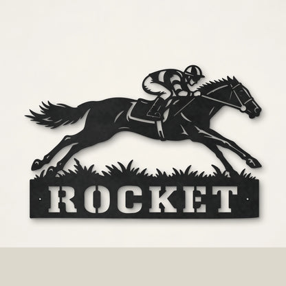 Racing Horse personalised racehorse wall art in matte black powder-coated steel – Huge size