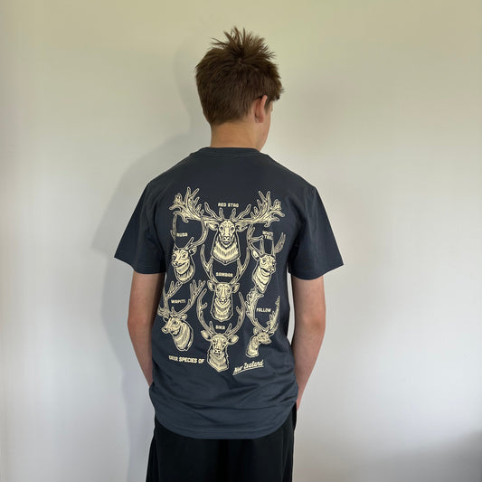 Person wearing a dark gray t-shirt with a graphic design on the back against a plain background