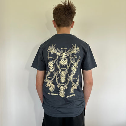 Person wearing a dark gray t-shirt with a graphic design on the back against a plain background