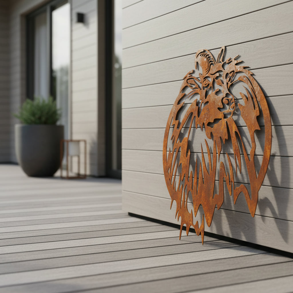 Metal Tahr sculpture on a wooden wall outside a modern building.