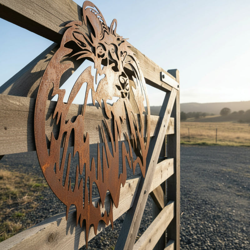 Rusty Steel Tahr design on a wooden fence with a rural landscape in the background