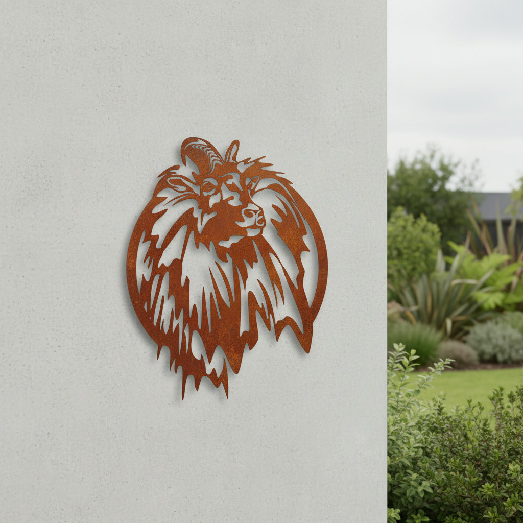 Metal Tahr head sculpture on a wall with garden view