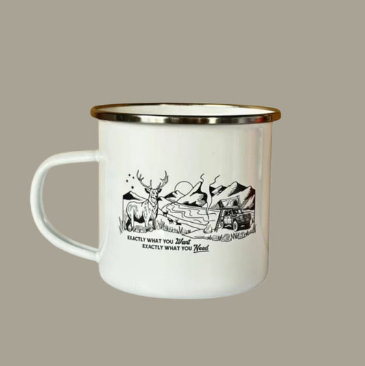 White mug with black graphic and text on a beige background