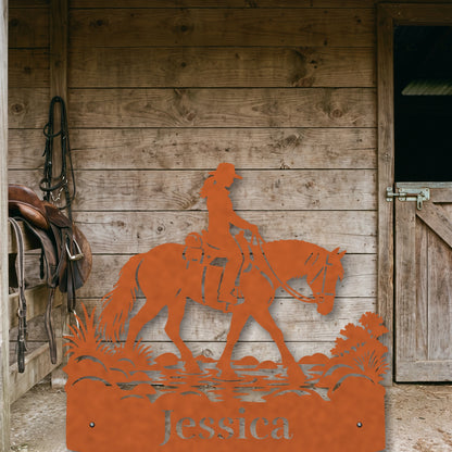 Trekking Rivers personalised Corten steel horse wall art mounted on a New Zealand stable