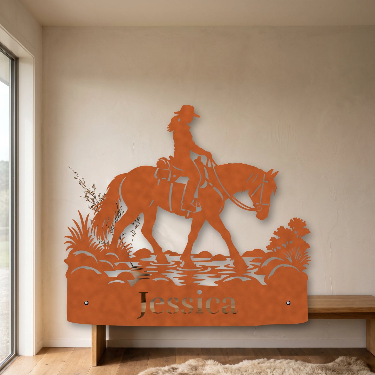 Trekking Rivers personalised Corten steel horse wall art in a modern country home