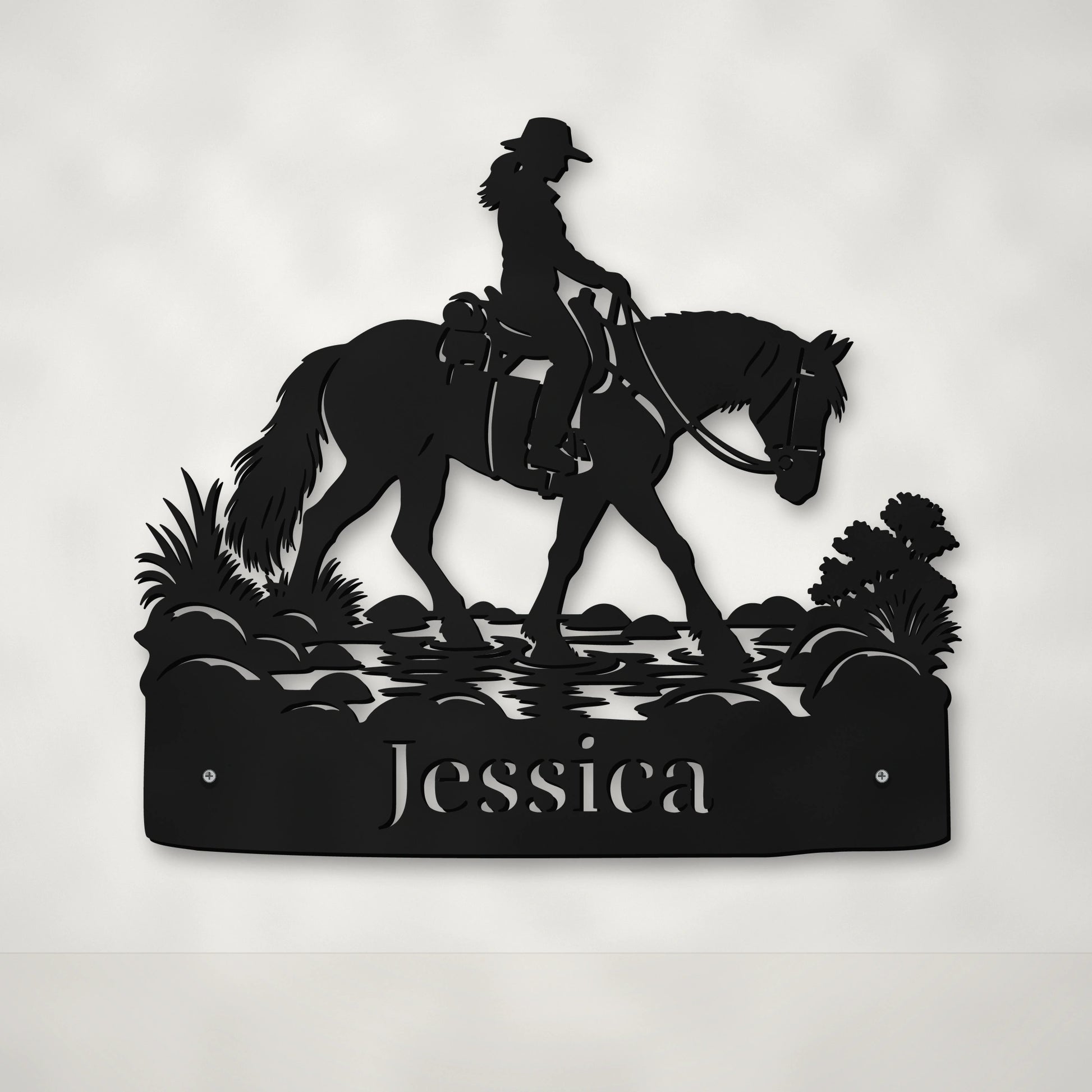 Trekking Rivers personalised horse wall art in matte black powder-coated steel – Huge size