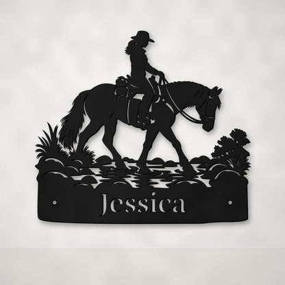 Trekking Rivers personalised horse wall art in matte black powder-coated steel – Huge size