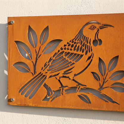Tui House Number in weathered Corten steel without backing, close-up of tūī and leaf cutouts; example number 2158.