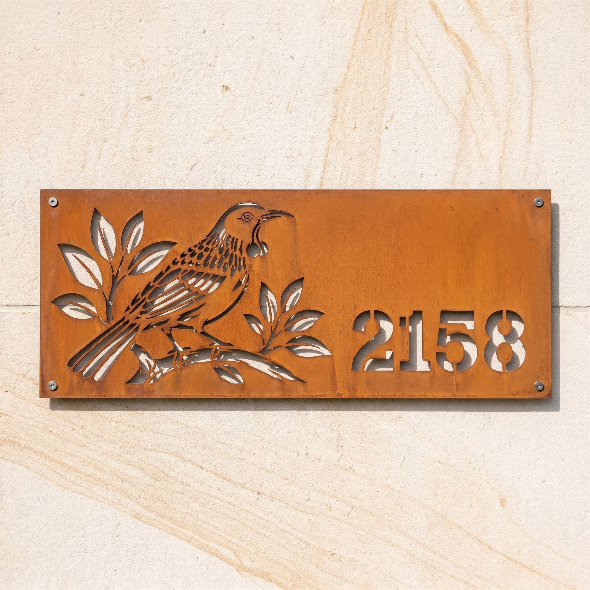 Tui House Number in weathered Corten steel without backing, front hero view on an exterior wall; example number 2158.