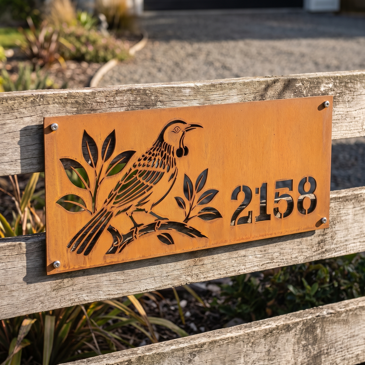 Tui House Number in weathered Corten steel without backing, installed on a timber fence; example number 2158.