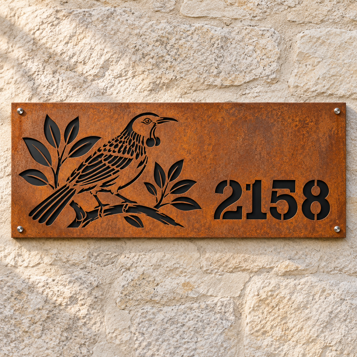 Tui House Number in weathered Corten steel with matte black backing, front hero view; example number 2158.