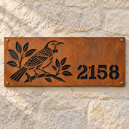 Tui House Number in weathered Corten steel with matte black backing, front hero view; example number 2158.