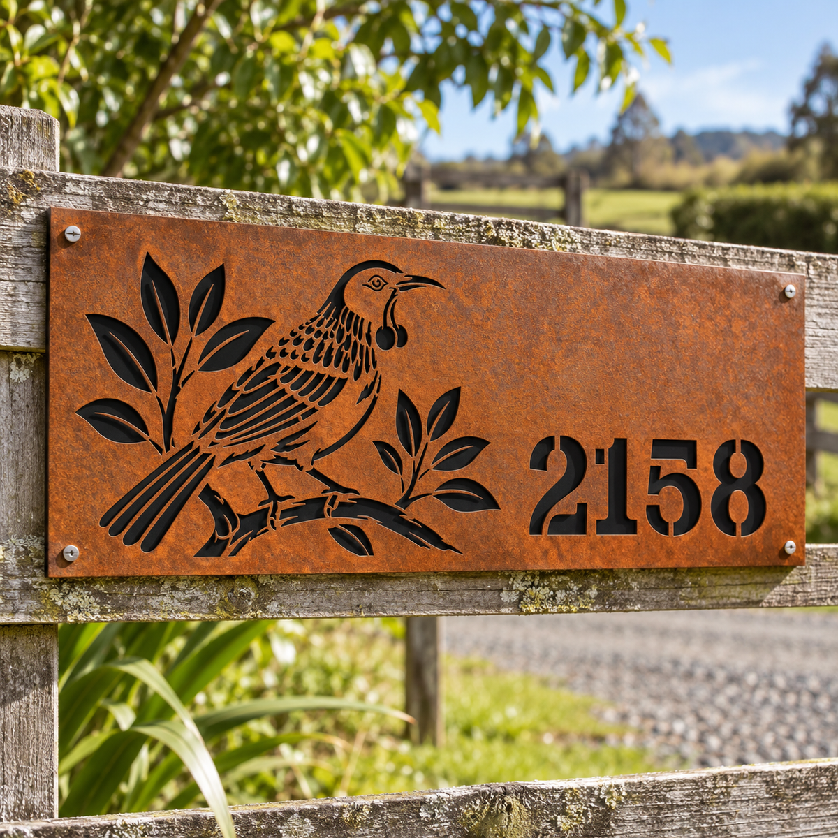 Tui House Number with matte black backing installed on a weathered timber fence; example number 2158.