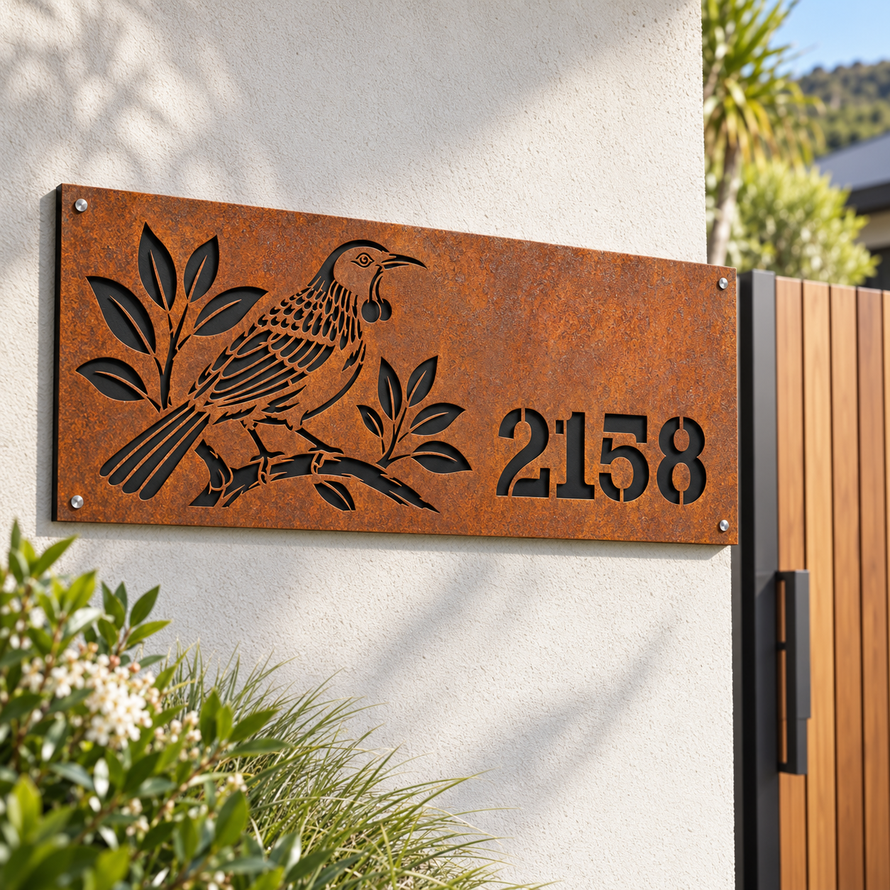 Tui House Number with matte black backing installed beside a contemporary cedar entrance gate; example number 2158.