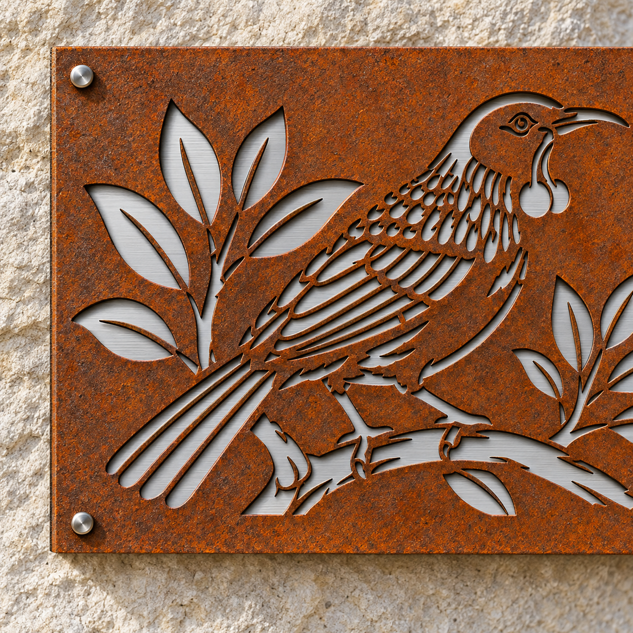 Close-up of the Tui House Number Corten front, precise tūī and leaf cutouts, and brushed stainless steel backing.