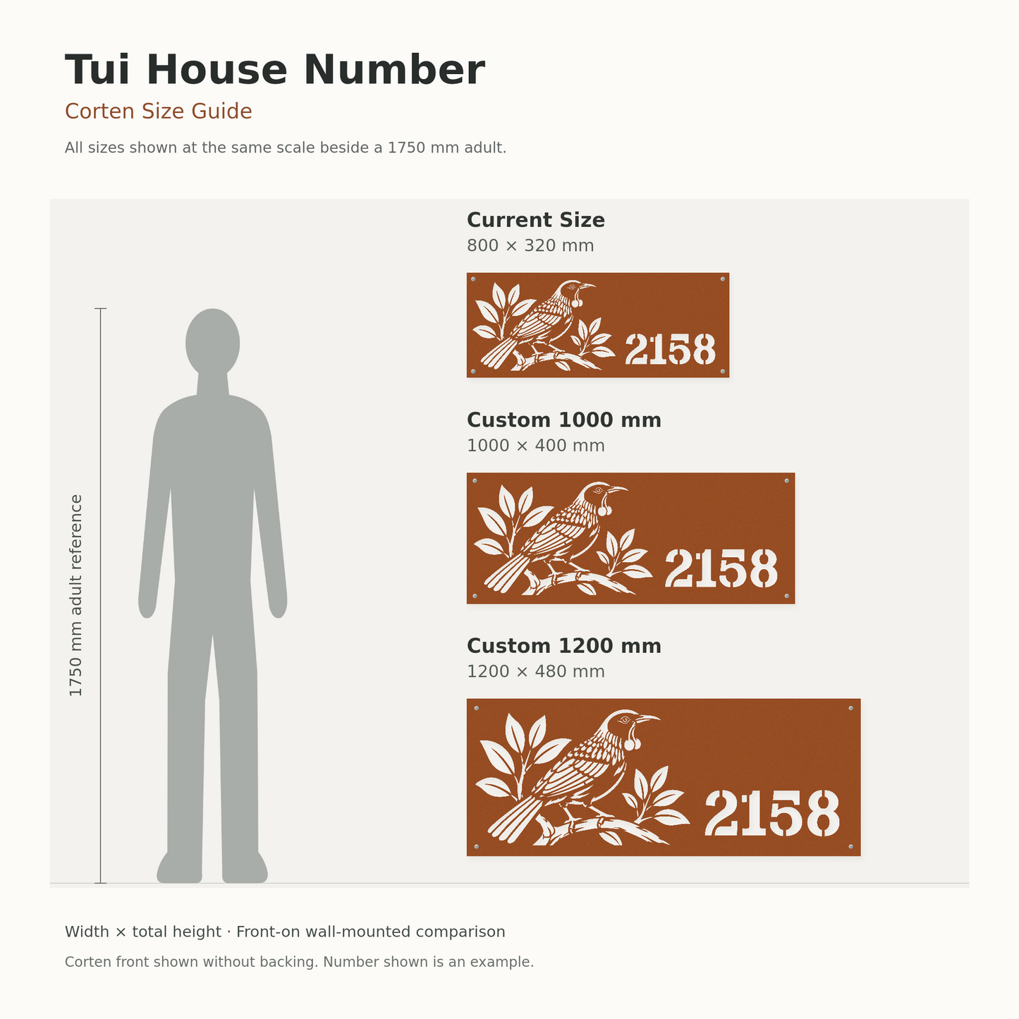 Tui House Number Corten size guide: 800 × 320 mm, 1000 × 400 mm and 1200 × 480 mm at the same scale beside a 1750 mm adult reference.