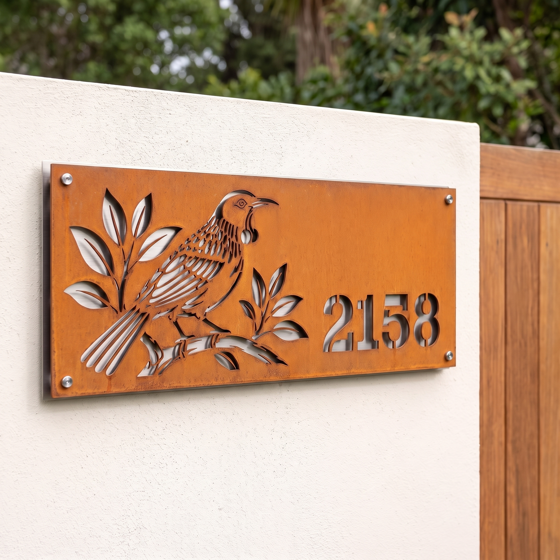 Tui House Number in weathered Corten steel with brushed stainless steel backing, installed beside a garden entrance; example number 2158.