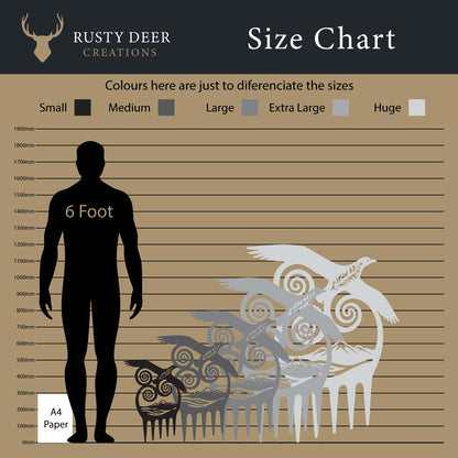 Size chart for decorative animal sculptures by Rusty Deer Creations, showing scale relative to a 6-foot person.