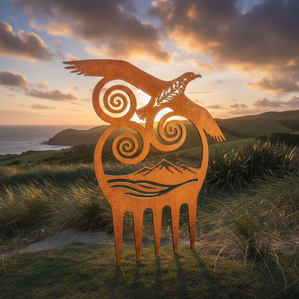 Decorative metal sculpture with natural patterns against a sunset landscape
