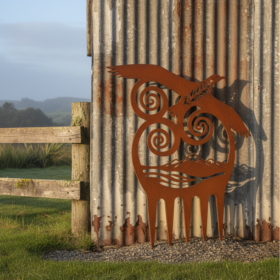 Rust-colored metal sculpture of a bird and swirls on a corrugated metal wall with a wooden fence and grassy field in the background.
